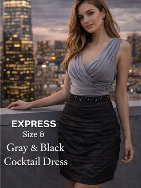 Express Gray Black Ruched Cocktail Dress Belt Detail Size 8